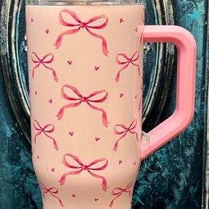 Pink Bow Patterned Tumbler with Cover, Straw & Handle